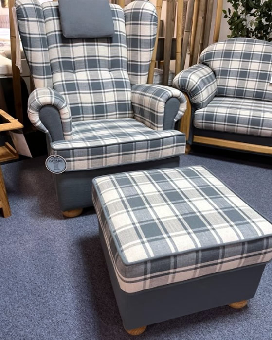 Ohrensessel Sessel mit Hocker Landhaus Karo blau w